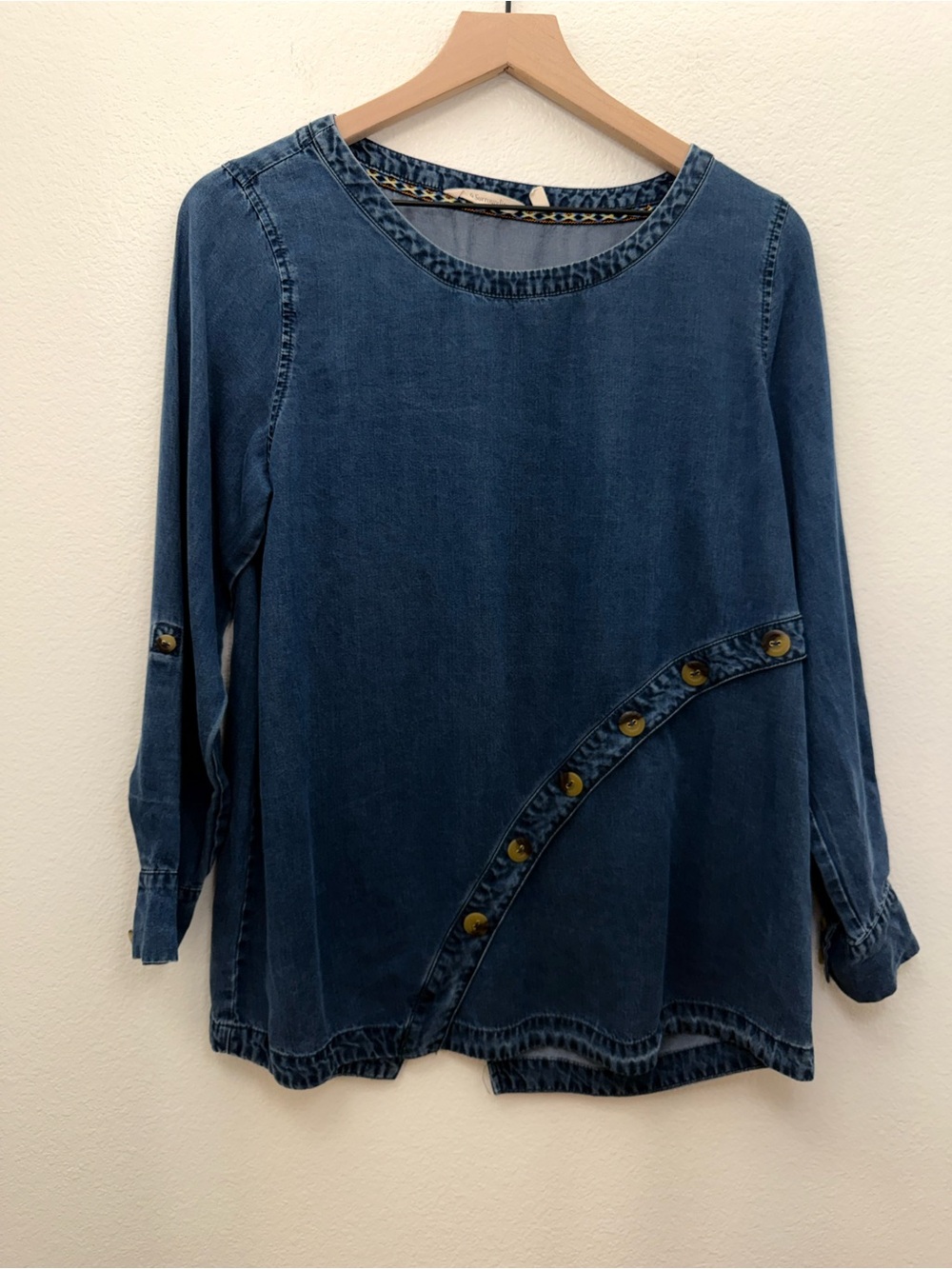 Soft Surroundings Denim Chambray Assymetric Button Detail Tunic Top Size PS - Picture 3 of 9